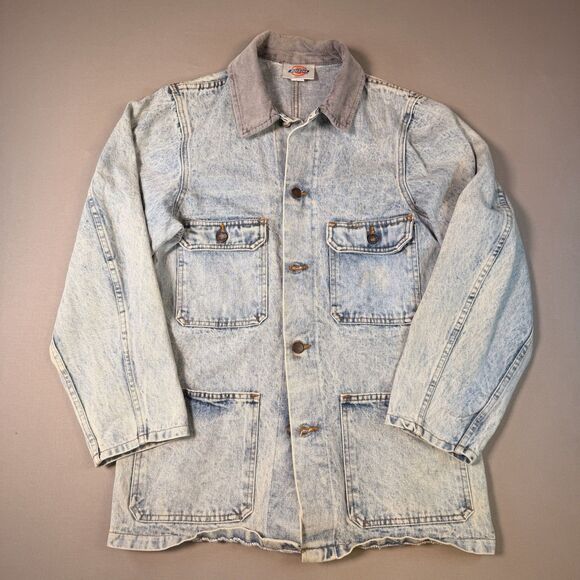 VTG Dickies Sm Jean Jacket Distressed Light Wash Nice Patina Corduroy Collar USA - Picture 1 of 10